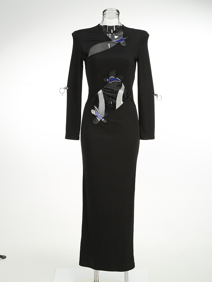 SUPER WHOLESALE | Black Long-Sleeve Cut-Out Dress with Metal Accents – Split Bodycon Dress