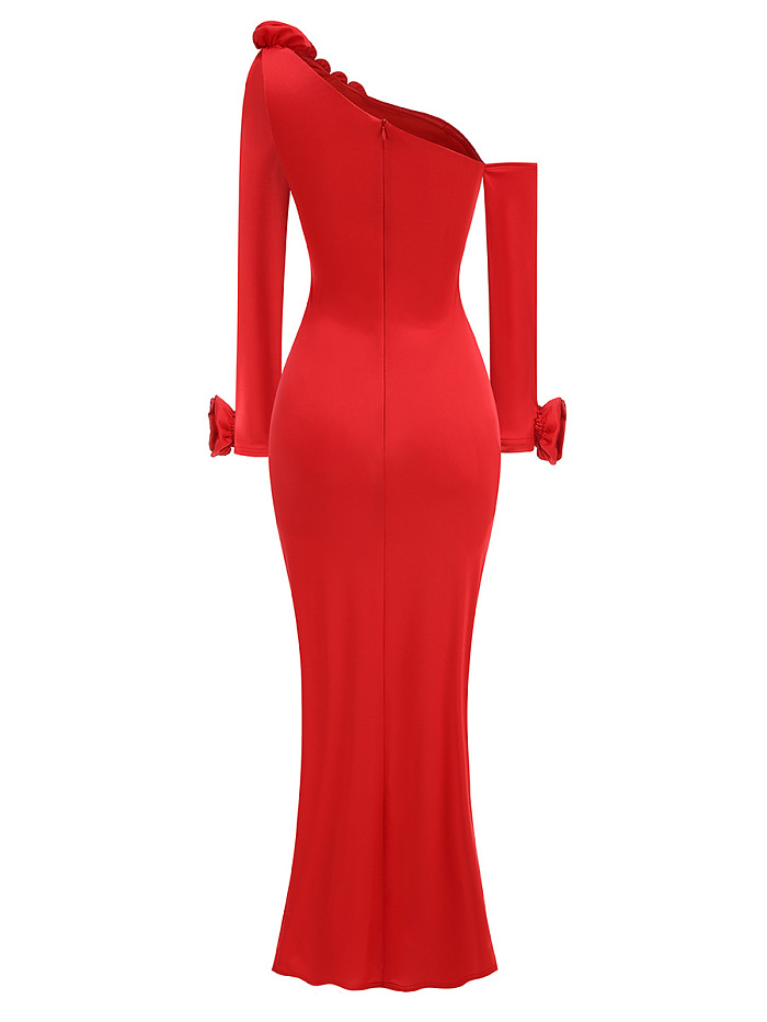 SUPER WHOLESALE | 3D Floral Design Ruched Split Slim-Fit Solid Color Midi Dress