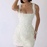 SUPER WHOLESALE | 3D Floral Solid Color Sexy Spaghetti Strap Dress – Backless Mini Dress