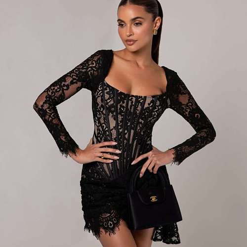 SUPER WHOLESALE | Long-Sleeve Sexy Lace Corset Dress – Autumn/Winter New Short Dress