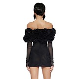 SUPER WHOLESALE | Floral Accent Sexy Strapless Dress with Sheer Mesh Long Sleeves – Bodycon Gown