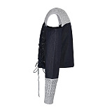 SUPER WHOLESALE |Off-Shoulder Lace-Up Faux Two-Piece Denim and Knit Jacket