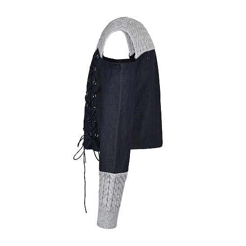 SUPER WHOLESALE |Off-Shoulder Lace-Up Faux Two-Piece Denim and Knit Jacket