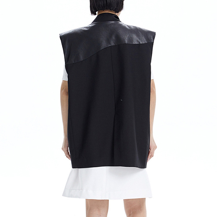 SUPER WHOLESALE | Wide Shoulder Patchwork PU Vest Jacket