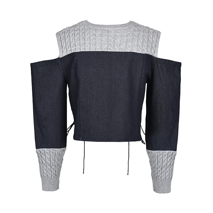 SUPER WHOLESALE |Off-Shoulder Lace-Up Faux Two-Piece Denim and Knit Jacket