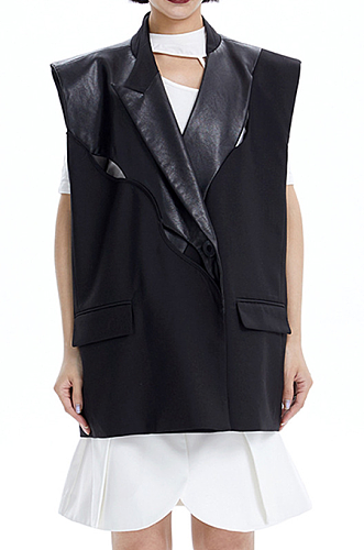 SUPER WHOLESALE | Wide Shoulder Patchwork PU Vest Jacket