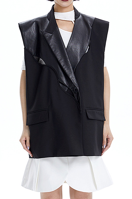 SUPER WHOLESALE | Wide Shoulder Patchwork PU Vest Jacket