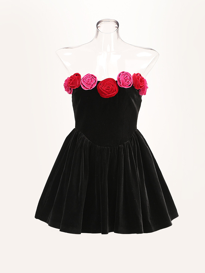 SUPER WHOLESALE | Strapless Color Block Dress with Floral Accents