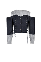 SUPER WHOLESALE |Off-Shoulder Lace-Up Faux Two-Piece Denim and Knit Jacket