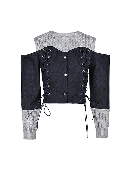 SUPER WHOLESALE |Off-Shoulder Lace-Up Faux Two-Piece Denim and Knit Jacket