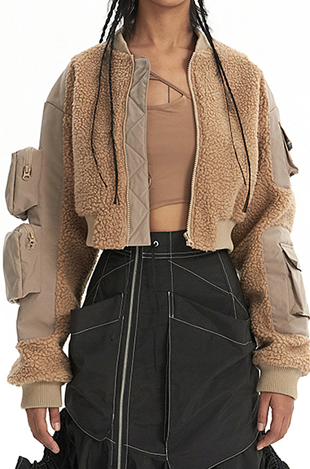 SUPER WHOLESALE | Shearling Patchwork Multi-Pocket Flight Jacket