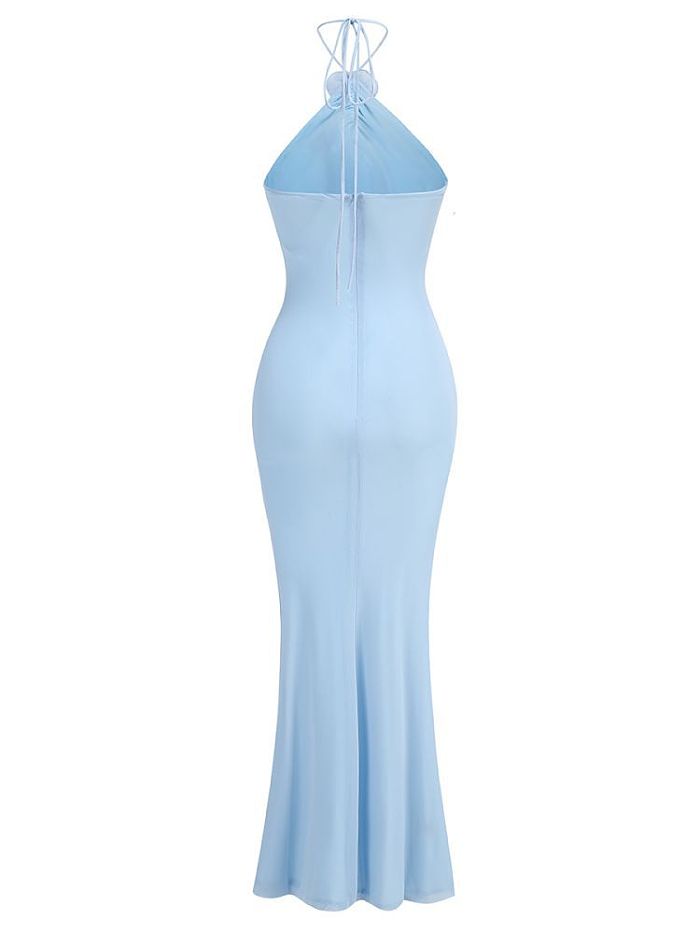 SUPER WHOLESALE | Backless Halter Maxi Dress with Floral Decor