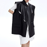 SUPER WHOLESALE | Wide Shoulder Patchwork PU Vest Jacket