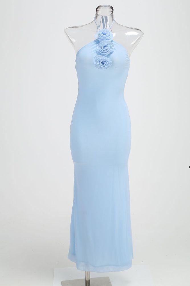 SUPER WHOLESALE | Backless Halter Maxi Dress with Floral Decor