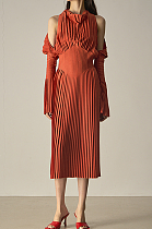 SUPER WHOLESALE |Off-Shoulder Halter Neck Bell Sleeve Pleated Waist Slim Fit Dress