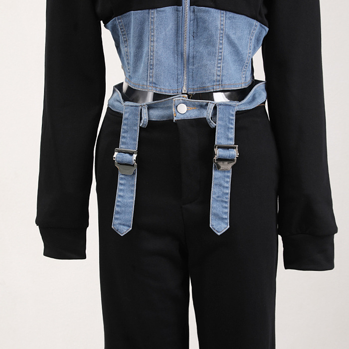SUPER WHOLESALE | Hooded Long-Sleeve Denim Patchwork Sweatshirt Set