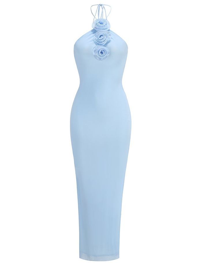 SUPER WHOLESALE | Backless Halter Maxi Dress with Floral Decor