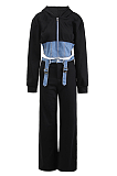 SUPER WHOLESALE | Hooded Long-Sleeve Denim Patchwork Sweatshirt Set