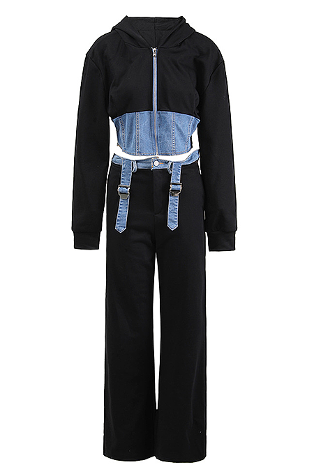 SUPER WHOLESALE | Hooded Long-Sleeve Denim Patchwork Sweatshirt Set
