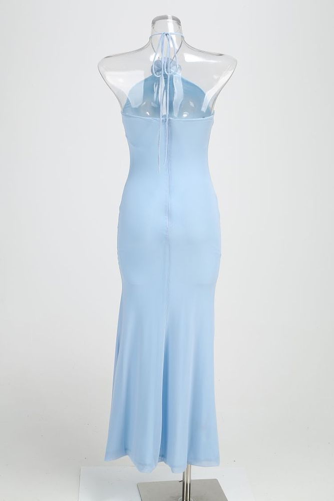 SUPER WHOLESALE | Backless Halter Maxi Dress with Floral Decor