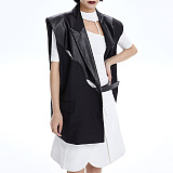 SUPER WHOLESALE | Wide Shoulder Patchwork PU Vest Jacket