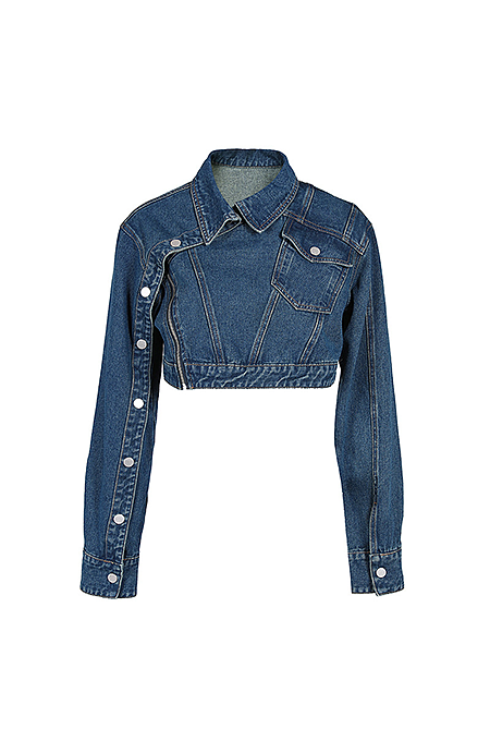 SUPER WHOLESALE | Asymmetrical Button Patchwork Deconstructed Denim Crop Jacket