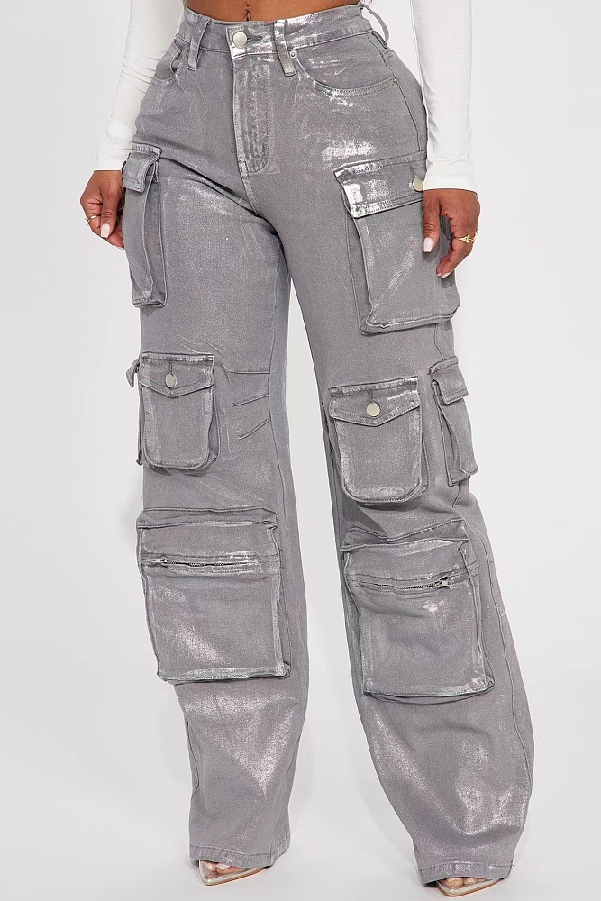 SUPER WHOLESALE | Utility Silver-Foil Multi-Pocket Denim Pants