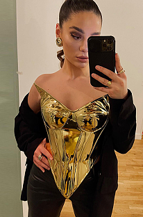 SUPER WHOLESALE | PU Leather Glossy Zip-Up Slim Fit Strapless Sleeveless Top