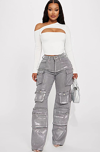 SUPER WHOLESALE | Utility Silver-Foil Multi-Pocket Denim Pants