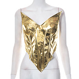 SUPER WHOLESALE | PU Leather Glossy Zip-Up Slim Fit Strapless Sleeveless Top