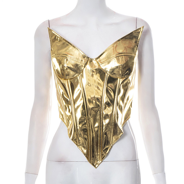 SUPER WHOLESALE | PU Leather Glossy Zip-Up Slim Fit Strapless Sleeveless Top