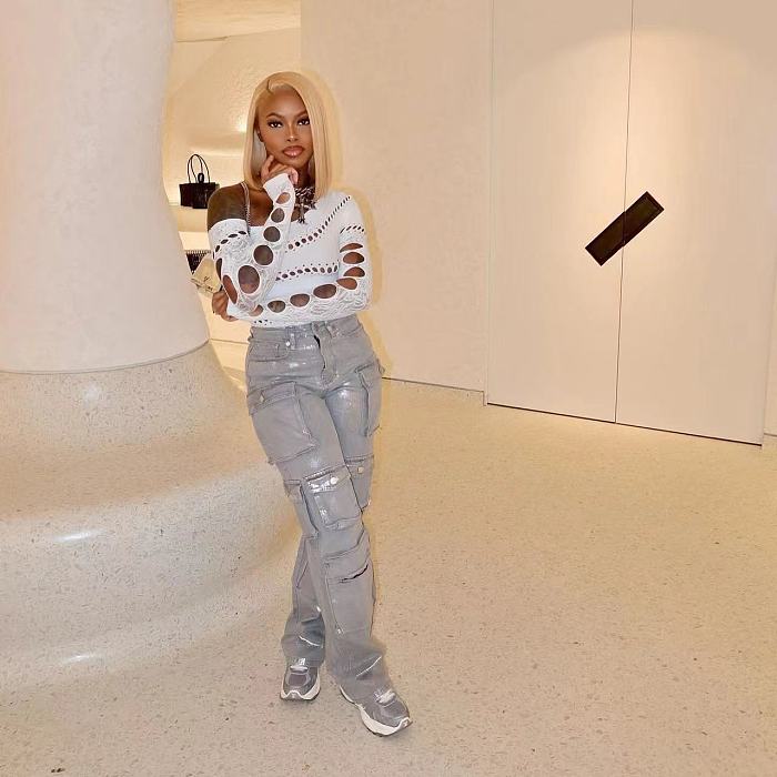 SUPER WHOLESALE | Utility Silver-Foil Multi-Pocket Denim Pants