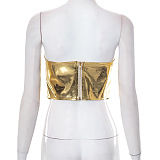 SUPER WHOLESALE | PU Leather Glossy Zip-Up Slim Fit Strapless Sleeveless Top