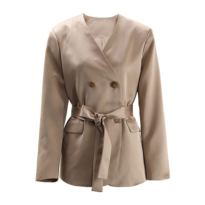 SUPER WHOLESALE | V-Neck Double-Breasted Belted Waist Blazer With Skirt