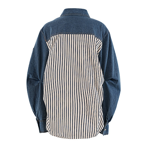 SUPER WHOLESALE | Contrast Color Denim Zipper Loose Striped Shirt