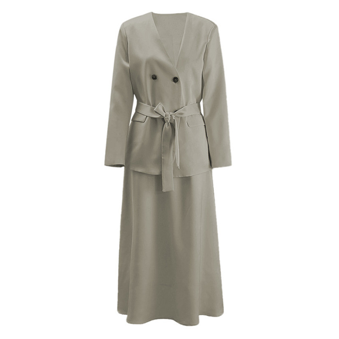 SUPER WHOLESALE | V-Neck Double-Breasted Belted Waist Blazer With Skirt