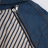 SUPER WHOLESALE | Contrast Color Denim Zipper Loose Striped Shirt