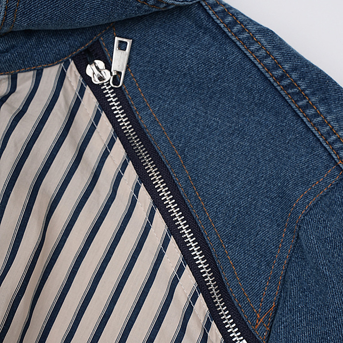 SUPER WHOLESALE | Contrast Color Denim Zipper Loose Striped Shirt