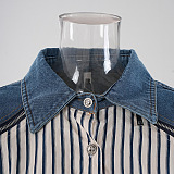 SUPER WHOLESALE | Contrast Color Denim Zipper Loose Striped Shirt