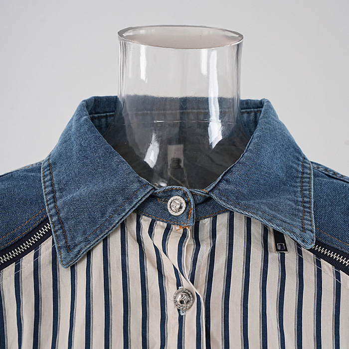 SUPER WHOLESALE | Contrast Color Denim Zipper Loose Striped Shirt