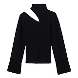 SUPER WHOLESALE | Half-Turtleneck Slim Hollow-Out Long-Sleeve Knit Top