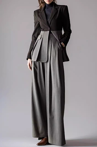 SUPER WHOLESALE | Contrast Color Ruffled Blazer And High-Waist Straight Pants Set