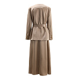 SUPER WHOLESALE | V-Neck Double-Breasted Belted Waist Blazer With Skirt