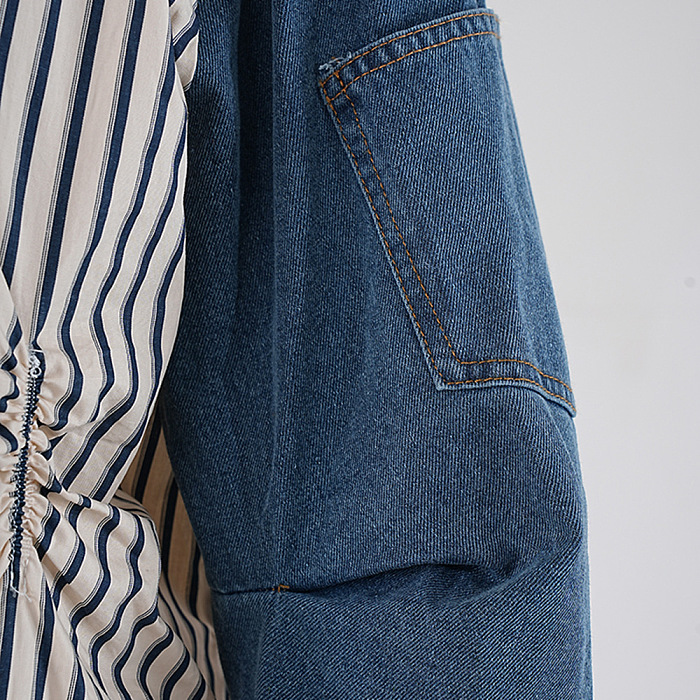 SUPER WHOLESALE | Contrast Color Denim Zipper Loose Striped Shirt