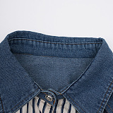 SUPER WHOLESALE | Contrast Color Denim Zipper Loose Striped Shirt