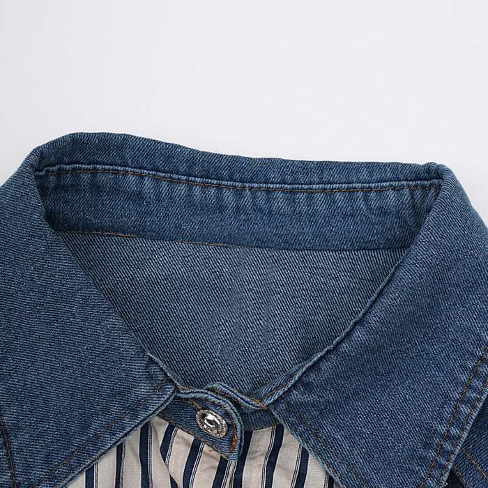 SUPER WHOLESALE | Contrast Color Denim Zipper Loose Striped Shirt