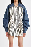 SUPER WHOLESALE | Contrast Color Denim Zipper Loose Striped Shirt