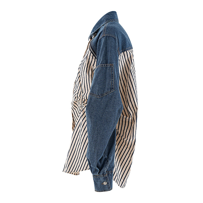 SUPER WHOLESALE | Contrast Color Denim Zipper Loose Striped Shirt