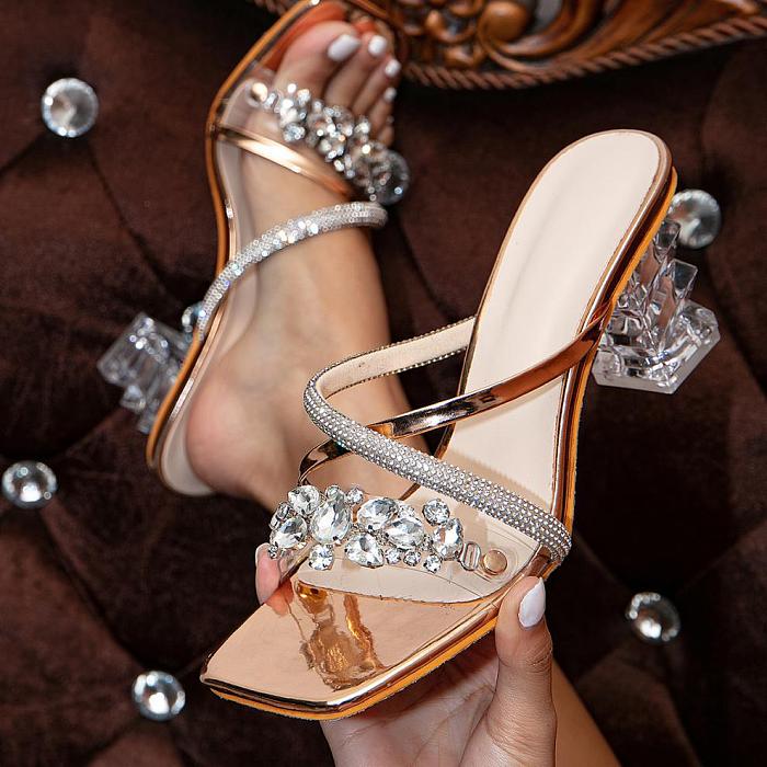 SUPER WHOLESALE | Square-Toe Rhinestone Crystal Block-Heel Transparent Sandals