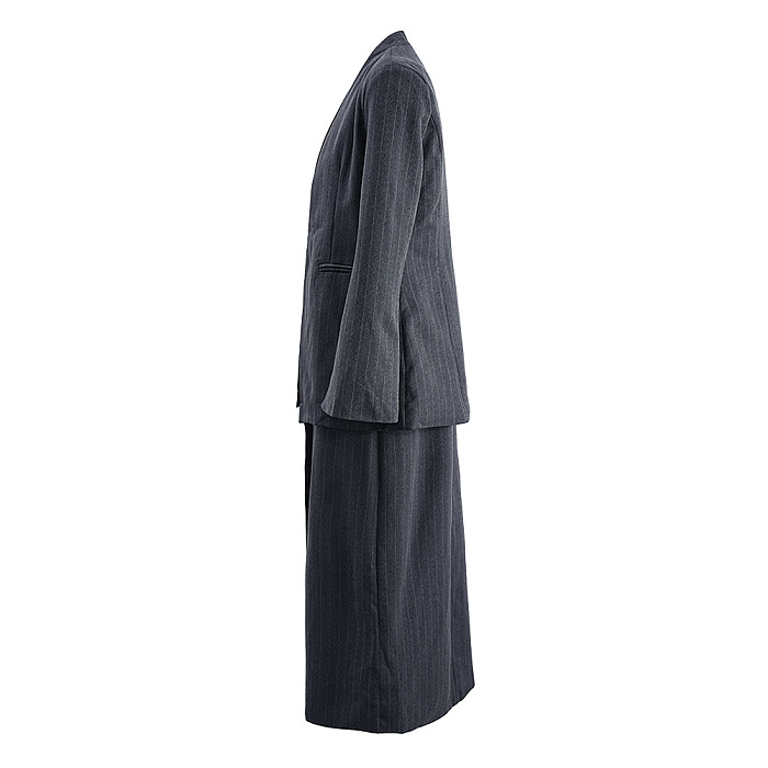 SUPER WHOLESALE | Striped V-Neck Slit Dress With Loose Blazer Two-Piece Set